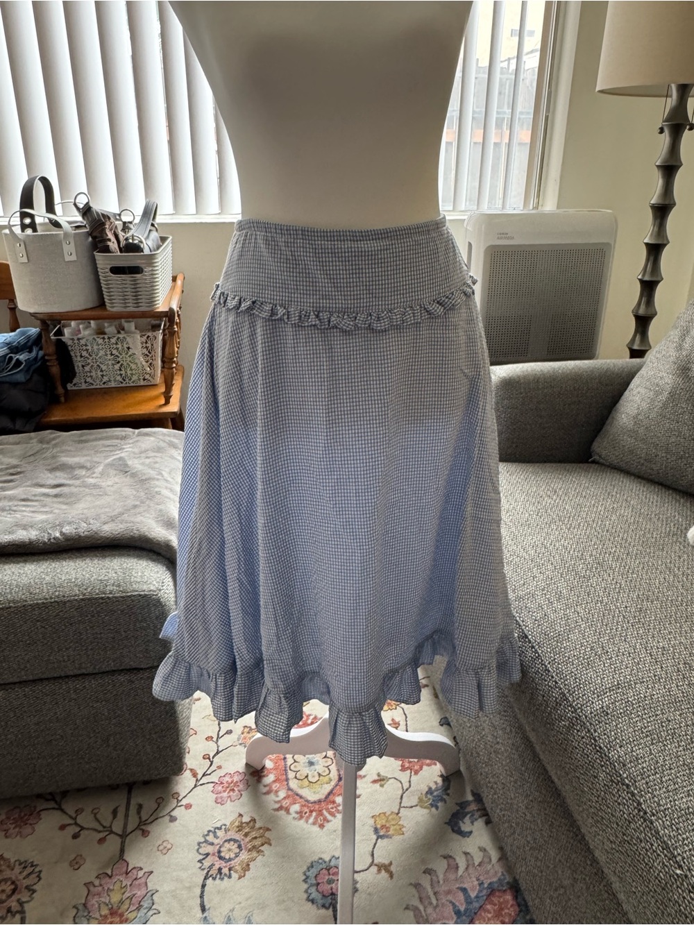 Blue Gingham Ruffle Hem Women's Skirt
